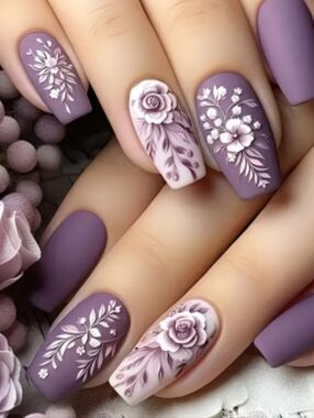 Elegant Floral Matte Purple Press-On Nails